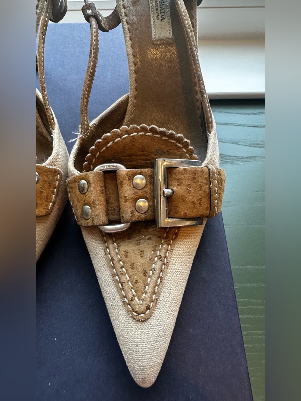 Vintage Prada Beige Canvas Pointed Toe Buckle Slingback Heels - Picture 3 of 16